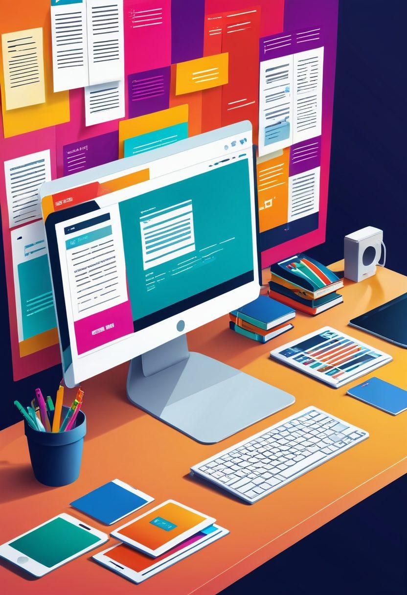 A vibrant illustration of a digital workspace filled with colorful bookmarks, showcasing various icons and images representing different bookmarking platforms. In the background, a computer screen displays an organized grid of saved websites, while a hand hovers over a 'Share' button. Include elements that represent sharing and organization, such as arrows and labels. The overall mood should be energetic and engaging. vector art. vibrant colors. 3D elements.