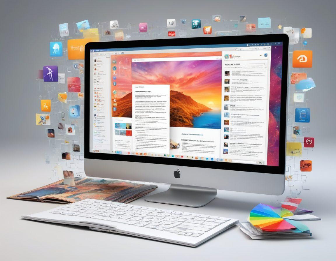 A visually striking representation of a computer screen displaying a colorful, organized grid of bookmarks and favorite websites, showcasing a simple user interface. Surrounding the screen, illustrations of digital tools and icons for managing favorites like a magnifying glass, stars, and folders. The background is filled with abstract shapes representing the internet, like clouds and data streams, conveying a sense of digital exploration. super-realistic. vibrant colors. 3D.